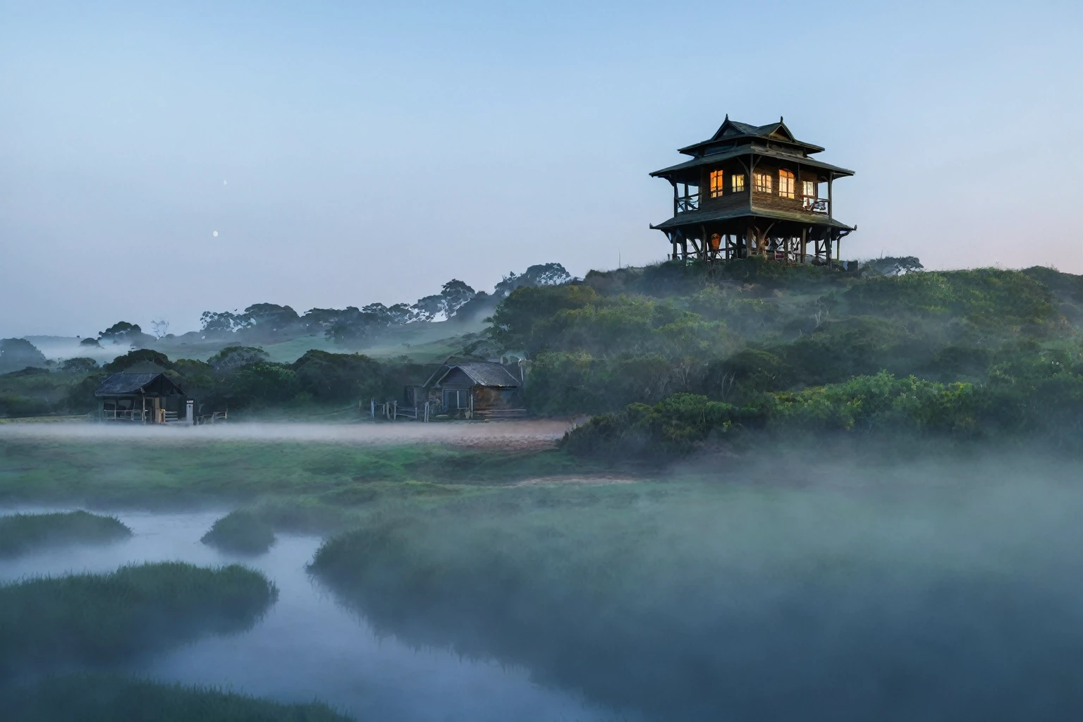 This is a landscape photography work,annie.Strickland's style photography,Morning Mist,Thick fog,White mist((Sunrise light)),Jesus light,Jesus light,There is a row of swallows in the sky,((Southern Girl))Southern Girl,egret,egret,International Photography Master Award-winning Works,8K,HD,RAW,