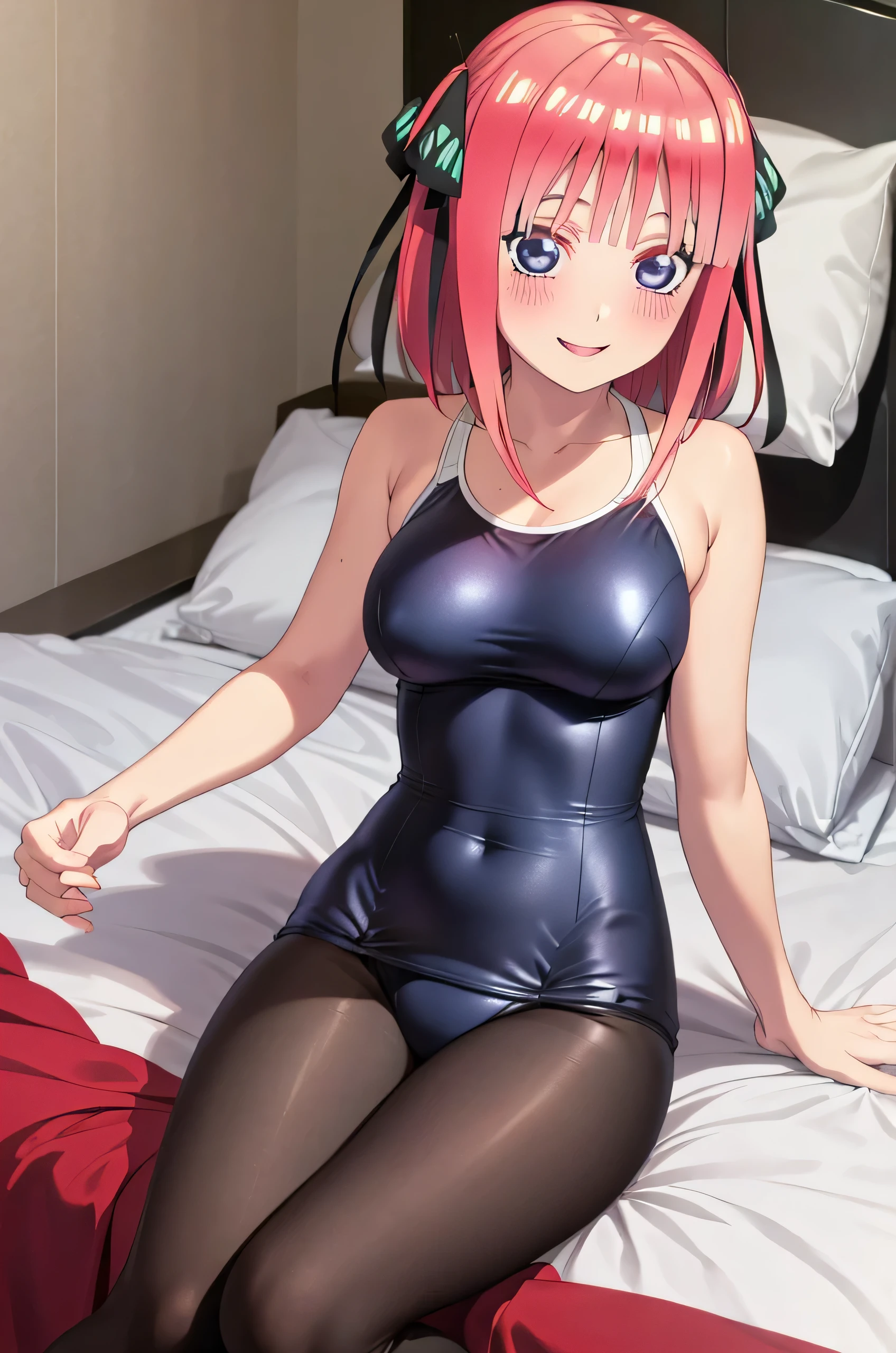 best quality, ultra-detailed masterpiece, nino nakano, one-piece swimsuit, breasts, pantyhose, blush, smile, cushion, bed room