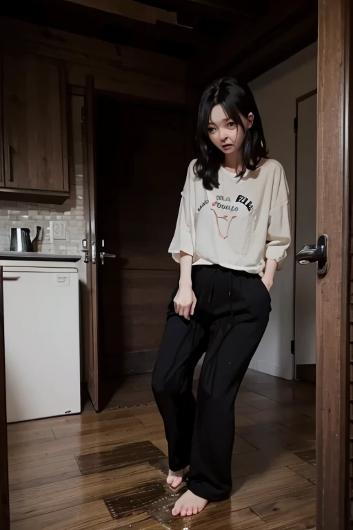 Japanese Girl sees the ghost and pees her black palazzo pants until her pants are wet in fright.