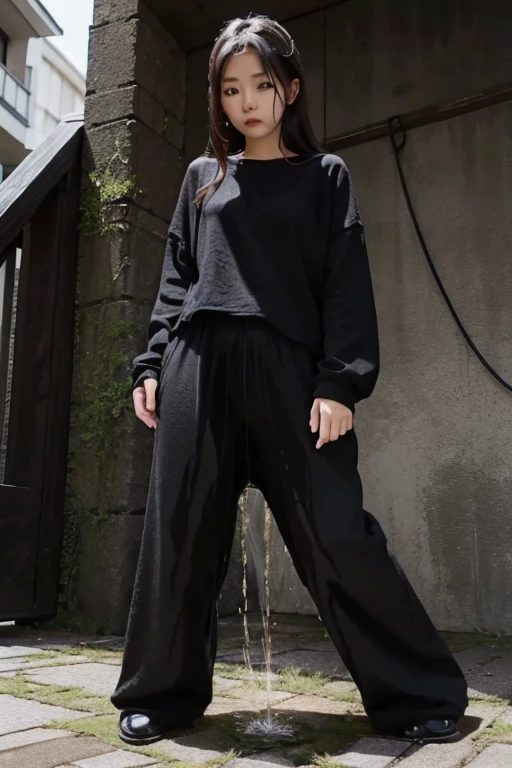 Japanese Girl sees the ghost and pees her black palazzo pants until her pants are wet in fright.