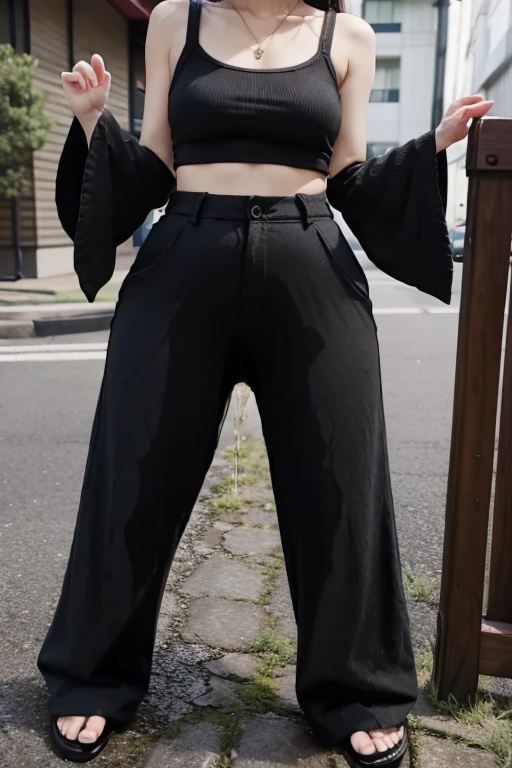 Japanese Girl sees the ghost and pees her black palazzo pants until her pants are wet in fright.