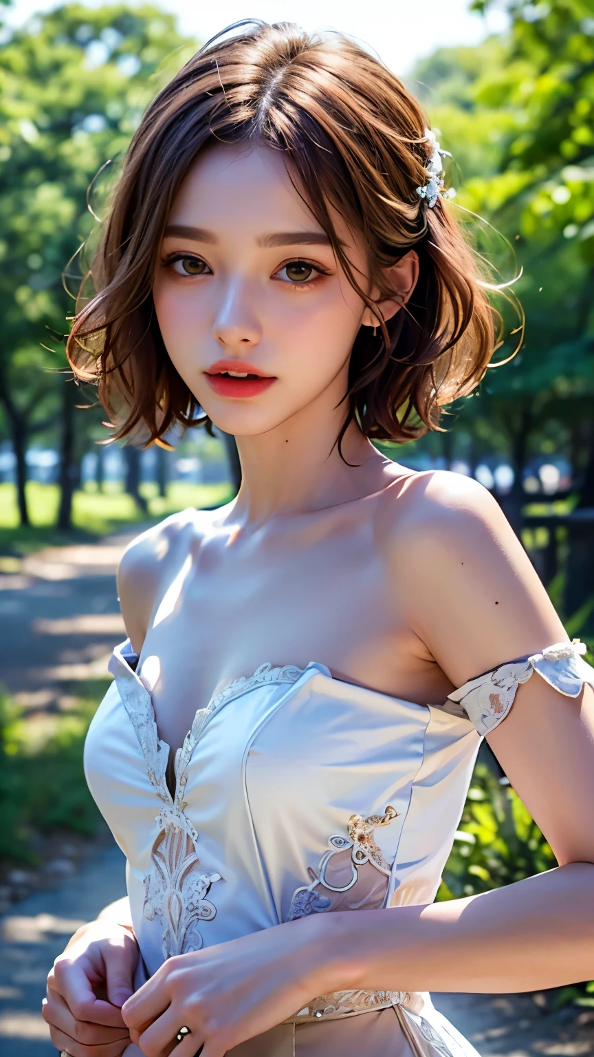 Wearing a detailed and high-definition wedding dress, highest quality, masterpiece, Ultra-high resolution, (Realistic:1.4), RAW Photos, One Girl, Off the shoulder, Forest wedding venue, Deep Shadow, Moderate, short hair, roadside, 20-year-old,Cute Face, Small breasts, Tight shirt,(head shot:1.5)