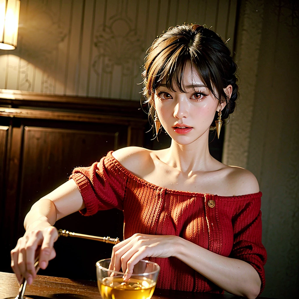 8k, detailed face, high quality, photorealistic, stunning eyes, long eyelashes, attractive facial features, flawless skin, light brown hair, tight waist, active posing, vivid colors, masterpiece, best quality, Drinking alcohol at a restaurant、((1 person)),1 person,(((Yol Forger)))、(Red knit dress)、Shoulder to shoulder
