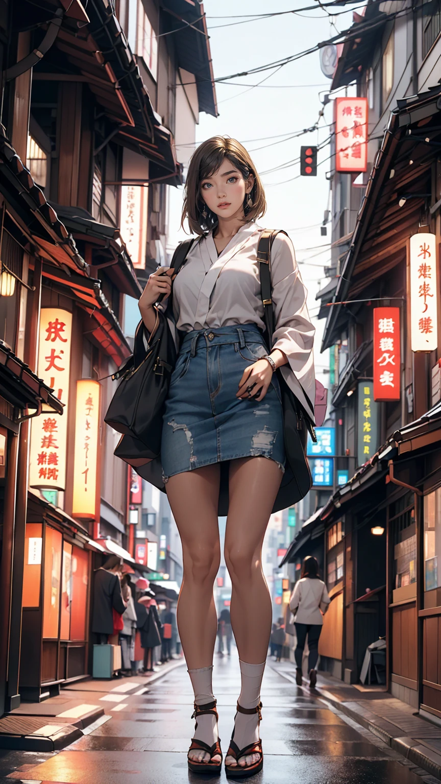 masterpiece, highest quality, 8k, Photographic reality, Realistic, Octane Rendering, Busy streets of Japan (1 female: 1.4), (There&#39;s only one woman on screen: 1.3), (White shirt), (Long golden hair), (Hip wrap skirt), (blue eyes) Upper body display