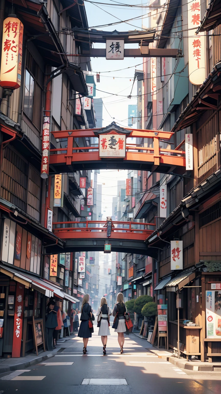 masterpiece, highest quality, 8k, Photographic reality, Realistic, Octane Rendering, Busy streets of Japan (1 female: 1.4), (There&#39;s only one woman on screen: 1.3), (White shirt), (Long golden hair), (Hip wrap skirt), (blue eyes) Upper body display