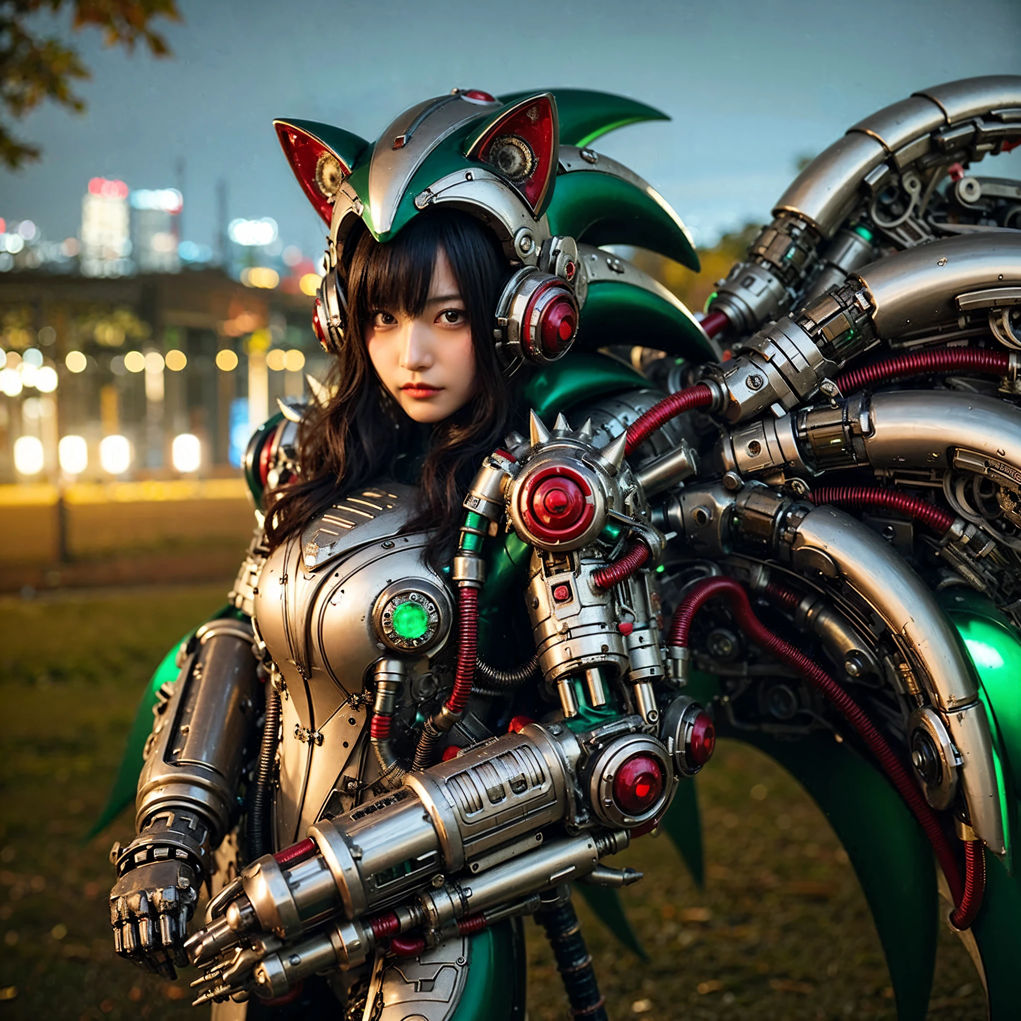 Masterpiece, (ultimate quality:1.2), 8k, Japanese woman in hedgehog-type powered suit, silver base with green and red accents, very beautiful face, mechanical, (mechanical bat wings), hydraulic cylinder, power pipe, ultimately intricate details, full body shot, (ultimate photo Realistic:1.37), Park with a beautiful view at night, (Steampunk: 1.2), (biopunk), Full body photo, Wide-angle shot, Please generate at least 4 photos.