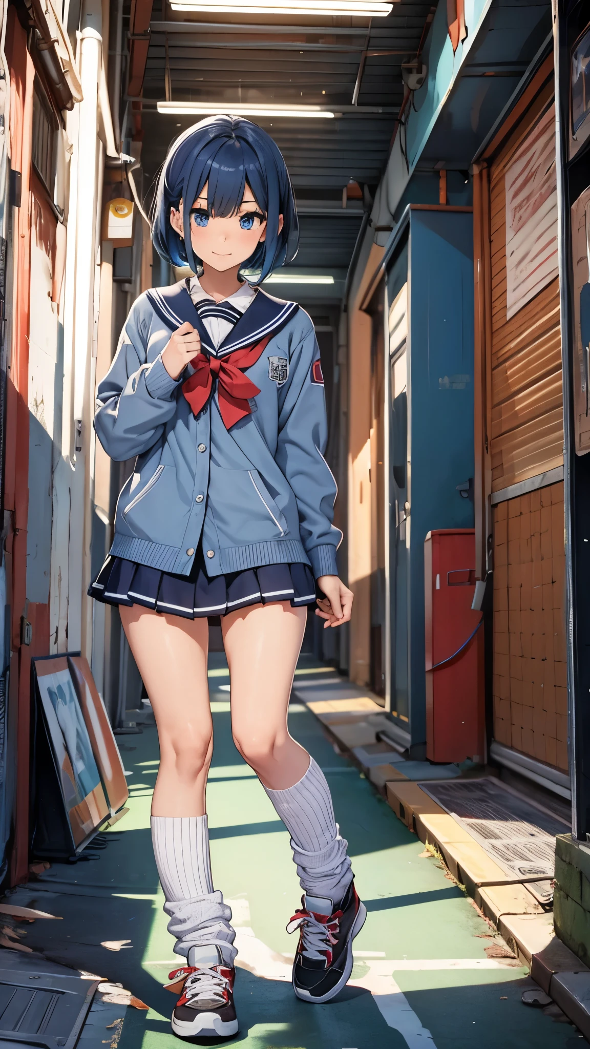 One girl,short hair,blue hair mixed colored red hair,((high school uniform)),rage,grin,slender body,socks,sneakers.