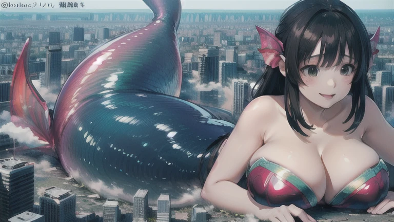 (1 Mermaid:1.5),,(Smile Beam:1.5),(whole body),((Huge breasts:1.6)),(垂れ下がったHuge breasts:1.6), ((Cleavage:1.5)),,, 40 years old,masterpiece,super high quality, Very detailed,Perfect photo,3D,8k,High resolution,Enchanting anime mermaid, Medium Hair:1.3,Black Hair,(black eye:1.5),Sporty hairstyles,Smooth anime CG art,Huge breasts、Realistic、Perfect body line、aerial photograph、aerial photograph、Destroying the city with a smile、 (A giant mermaid bigger than a skyscraper destroys the city of Shibuya:1.5)、cute、Lying mermaid with one tail