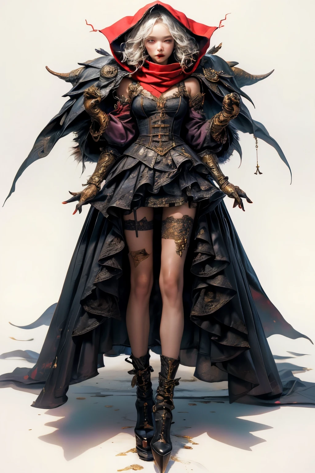 ((best quality)), ((masterpiece)), (detailed), perfect face, ((best quality)), ((masterpiece)), (detailed), perfect face(Golden ratio:1.2),(Fault color:1.3),[(White background:1.4)::10], (full bodyesbian:1.2),(Ultra-detailed:1.3), （white color background）white background, plain background, teens girl，White hair，Red glowing eyes, photorealestic,（（（Red and white trench coat））），（Red scarf)，a black pleated skirt，black t-shirts，longer sleeves，（（With a hood）），side-lighting, NSFW, Depicting female characters from ethereal anime in a high-quality anime art style，，，8K，Red and white shoes with a sense of technology，(chaotic geometric images:1.3),(nagative space:0.8), (ether colorful ink flowing:1.3), a knight, white background, plain background, Bloodborne inspired, tatty Bloodborne attire, occult aesthetic, occult, tatty red and white clothing detailed and intricate steampunk and detailed gothic lolita (with a hood), long coat, Complex laced boots, Fluttering lace flared long knee length dress with frilly petticoats, long dress, knee length dress, pleated petticoats, lolita dress, petticoats gothic lolita, beautiful small breasts, (((( Highly detailed face))), small thin nose, Small thin lips mouth, (((Very sharp focused eyes))), Very large slit precision pale grey eyes that shine like jewels. very long eyelashes, Silver hair swaying in the wind, Emitting a dazzling light in a mandala pattern, white background, Very dramatic and cinematic lighting, tatty damaged old red and white clothing, full body, whole body, body, cosmic horror, grim dark