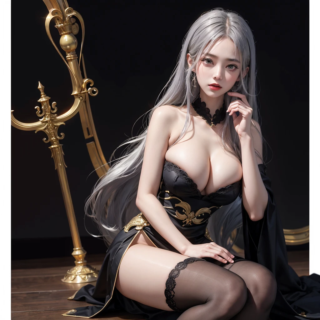 realistic, high resolution, 1 woman, mature woman, alone, Tattoo, gray hair, long hair, assembly, red lips, queen dress, Image from head to toe, only standing, standing full body image, realistic, high resolution, 오직 1 woman, 오직 alone, look at the viewer, (detailed face), gray hair, silver hair, long hair, feet up, beautiful eyes, Huge big breasts that are about to explode, golden armor, BLACK & GOLD gi, transparent, pantyhose, bare shoulders, Dripping tops, Visible nipples, look at the viewer, Orientalism, My chest is very hollow, breasts fully exposed, glamour, K cup, Bewitching, Crotch that is barely visible, ancient japanese background, realistic hands, realistic feet and legs, live action, Banla, masterpiece, very pretty face, Exposed breasts, 2 hands with 5 fingers each, Two feet with five toes each, Yukdeok, Voluptuousness