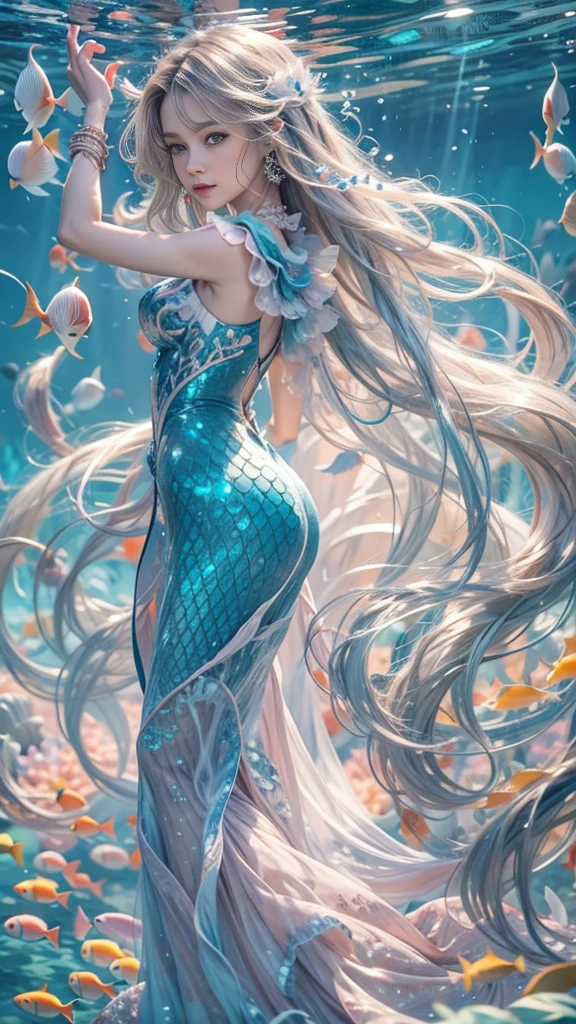 (RAW shooting, 32k:1.5, highest quality, masterpiece, Ultra-high resolution), (Deep sea at night:1.0, Dramatic moonlight:0.7, Mysterious underwater world:1.3, Expressions of sadness:1.0), Side Shot, Fractal Art:1.3, Perfect dynamic composition:1.3, Very detailedな肌と顔の質感:1.2, Dynamic flow of water waves:1.3, Beautiful shell and coral decoration, Surrounded by lots of colorful fish, Rich underwater vegetation, (The subject is being viewed from a distance:1.3, Slim mermaid figure:1.0, Shimmering Scales, Mermaid tail:0.5), elegant and sophisticated, Fair skin, Incredibly slim body:0.8, Very beautiful face, Water droplets on the skin, Very accurate, Very detailed, Gorgeous blue shiny mermaid dress portrait:0.8, Big eyes that exude beauty, Beautiful big lips,, Unreal atmosphere, necklace, Earrings, bracelet