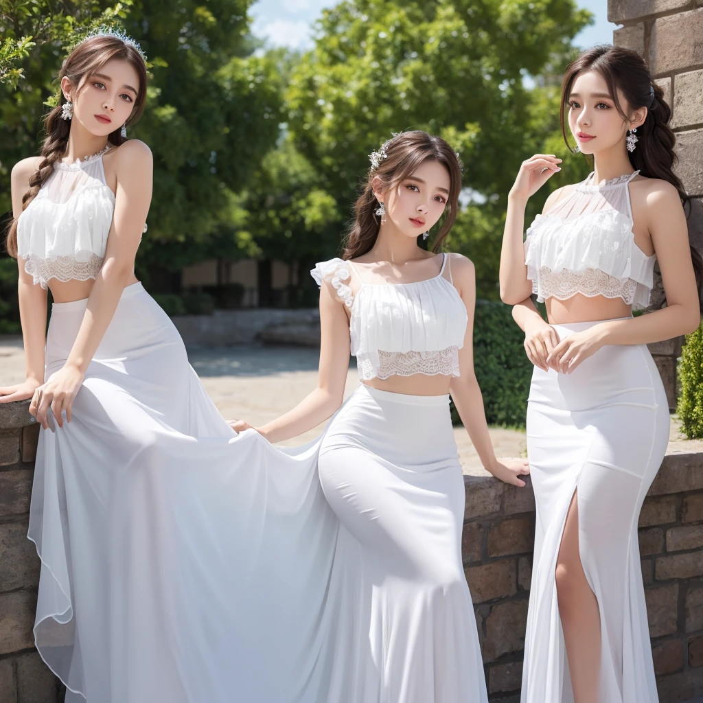 (masterpiece:1.2) , (best quality:1.2) , (ultra-detailed:1.2),8k,white frills chiffon sleeveless tops,mermaid line,white maxi skirt dress,horizontal French twist hair