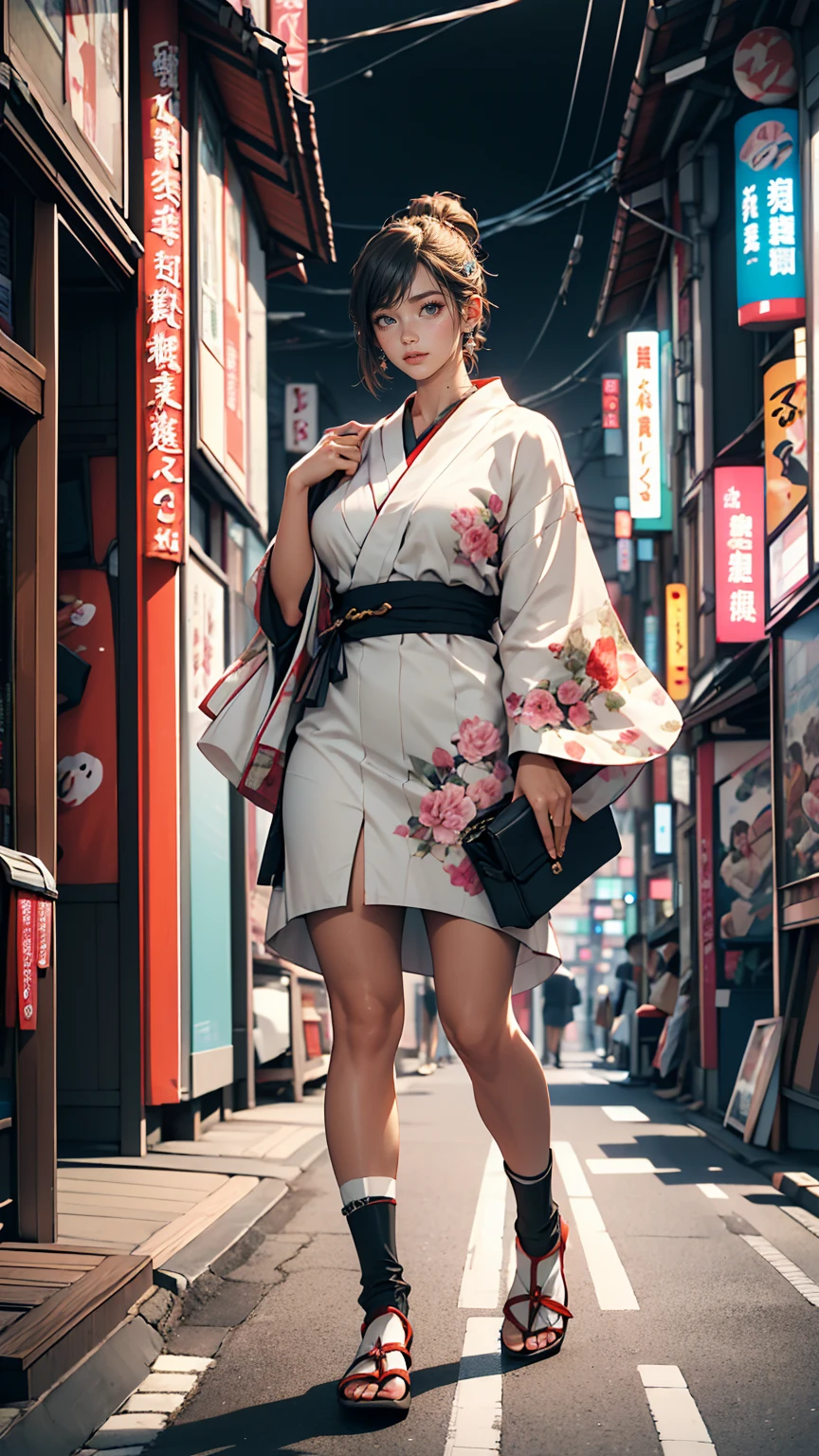 masterpiece, highest quality, 8k, Photographic reality, Realistic, Octane Rendering, Busy streets of Japan (1 female: 1.4), (There's only one woman on screen: 1.3), (White shirt), (Long golden hair), (Hip wrap skirt), (blue eyes) Upper body display