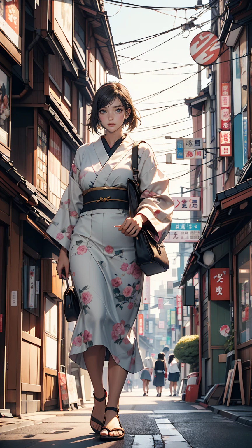 masterpiece, highest quality, 8k, Photographic reality, Realistic, Octane Rendering, Busy streets of Japan (1 female: 1.4), (There's only one woman on screen: 1.3), (White shirt), (Long golden hair), (Hip wrap skirt), (blue eyes) Upper body display