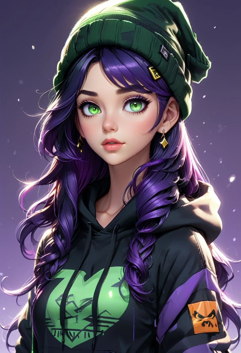 90s Cartoons, great lighting, a hyper realistic young woman with long tousled black and purple hair, facial expression, purple highlights in hair, wearing a black winter beanie, purple hoodie, green eyes lined in black, long lashes, (masterpiece, best quality, Professional, perfect composition, very aesthetic, absurdres, ultra-detailed, intricate details:1.3)