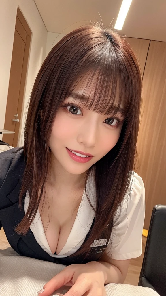 8k,best quality, on the table, Super detailed, 超high resolution, lifelike, original photo, absurd, absolute resolution, ((1 girl solo)), whole body ,A beautiful young Japanese woman, super cute face, Charming figure, big breasts , cleavage、long bob hair , (Uniforms :1.3),desk work,spread legs,glossy lips, double eyelids, natural makeup, long eyelashes, Sleek light brown bob long hair, asymmetrical bangs, skin shiny, central image, high resolution, high detail, Detailed hairstyle, Detailed face, spectacular lights, octane rendering, Energetic, Surreal, perfect limbs, perfect anatomy，The skirt is a little longer、(Droopy eyes、Natural Makeup、Ultra-high definition beauty face:1.15)、(Ultra-high resolution perfect beautiful teeth,medium breasts,slender waist:1.15)、Ultra HD Shining Eyes、Super high quality glossy lip、Accurate anatomy、(very bright and vivid:1.3)