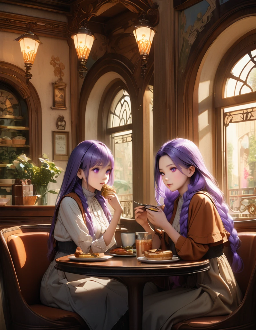 a charming art nouveau style cafe in america, beautifully decorated interior, 2 girls eating lunch, yinji, (purple hair, purple eyes, long hair, white hair, double braids, gradient hair,warm lighting, elegant furniture, detailed architecture, photorealistic, 8k, best quality, intricate details, dramatic lighting, warm color tones, atmospheric, cinematic