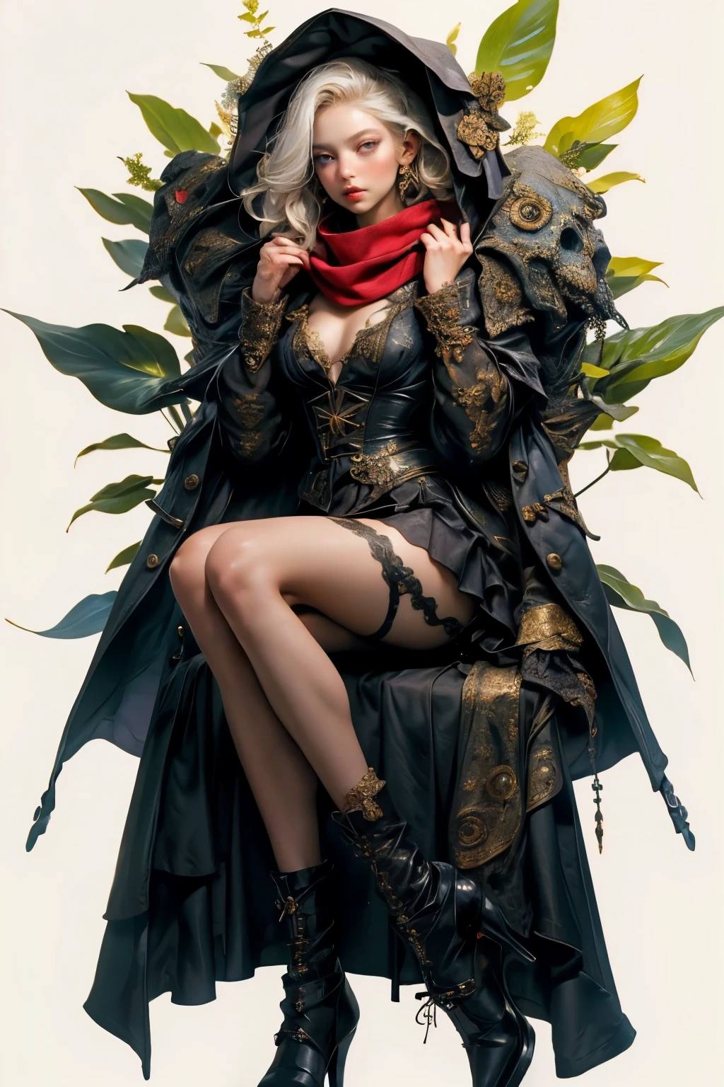 ((best quality)), ((masterpiece)), (detailed), perfect face, ((best quality)), ((masterpiece)), (detailed), perfect face(Golden ratio:1.2),(Fault color:1.3),[(White background:1.4)::10], (full bodyesbian:1.2),(Ultra-detailed:1.3), （white color background）white background, plain background, s girl，White hair，Red glowing eyes, photorealestic,（（（Red and white trench coat））），（Red scarf)，a black pleated skirt，black t-shirts，longer sleeves，（（With a hood）），side-lighting, NSFW, Depicting female characters from ethereal anime in a high-quality anime art style，，，8K，Red and white shoes with a sense of technology，(chaotic geometric images:1.3),(nagative space:0.8), (ether colorful ink flowing:1.3), a knight, white background, plain background, Bloodborne inspired, tatty Bloodborne attire, occult aesthetic, occult, tatty red and white clothing detailed and intricate steampunk and detailed gothic loliwith a hood), long coat, Complex laced boots, Fluttering lace flared long knee length dress with frilly petticoats, long dress, knee length dress, pleated petticoats, lolita d, petticoats gothic lolita, beaul small breasts, (((( Highly detailed face))), small thin nose, Small thin lips mouth, (((Very sharp focused eyes))), Very large slit precision pale grey eyes that shine like jewels. very long eyelashes, Silver hair swaying in the wind, Emitting a dazzling light in a mandala pattern, white background, Very dramatic and cinematic lighting, tatty damaged old red and white clothing, full body, whole body, body, cosmic horror, grim dark