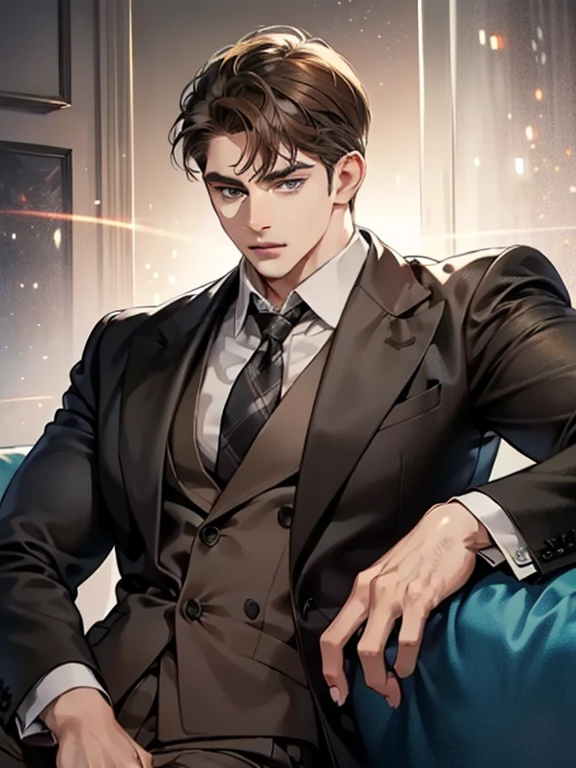 masterpiece, best quality, realistic, 1man, mature male, quiet and charming young man, 25 year old, serious look, closed mouth, portrait, extremely detailed face, cold smile, ((dark grey eyes)), ((short-right-swept dark brown hair)), [thick eyebrows], ((suit)), handsome, full body, western, Jewish, light brown skin,
