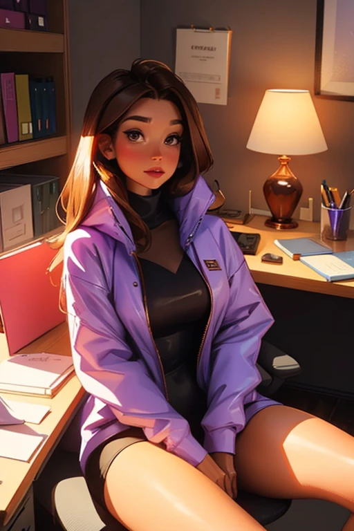 (Masterpiece, Best Quality), highres, (8k), ((solo)), (ultra-detailed portrait), soft lighting:1.1, cowboy shot, (centered), official art, dynamic, dynamic pose, (thick lineart), outline, silhouette, sunbeam, <lora:Cryptids-13:0.5>, cryptids, sharp focus, floating particles, (depth of field), 85mm, (humanization), looking at viewer, (cat girl playing games), (human:1.4), 1girl, female, focus face, Yellow (Crayola)  eyes, (detailed eyes:1.2), shiny, ((lipstick)), smile, sitting in gamer chair, relaxed pose, (full body:1.2), perfect female figure, highly detailed, beautiful face, Dark liver (horses) hair, long hair, wavy hair, curls, (long sidelocks:1.3), breasts, curvy, gamer, (holding game controller), cosplay outfit, long sleeves, shirt, (skirt), (Stylish), pinup:0.2, leather, thighhighs:0.6, cat ears, cat tail, soft, colorful, (moody lighting), closed mouth, soft glow:0.3, (fluffy:1.2), theatrical, (dramatic lighting:1.1), (details:1.2), stars, (gradients), space art:0.4, (fantasy), ((extremely detailed background in the style of hoppagames:0.4)), computer, computer peripheral, indoors, night, grunge aesthetic:0.3, (dutch angle),(dark-skinned female)