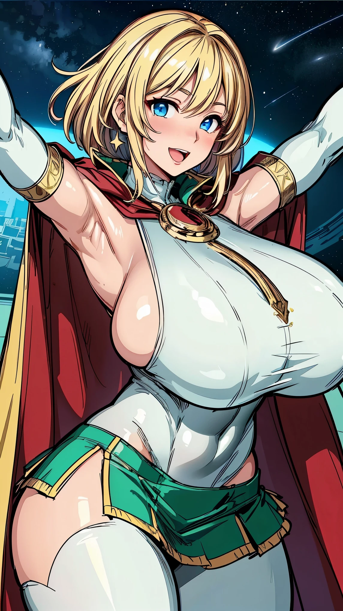 masterpiece, highest quality, Top quality, blue eyes, Stunning proportions, smile, Realistic, Beautiful female, white and dark red (((intricate bodysuit))), armpit, (((tight body))), ((mini skirt with frill)), cape, fighting pose, gold Hair, Intricate details, ((((sagging massive Breasts)))) tent, open mouth, blush, in space at future, sparking stars,