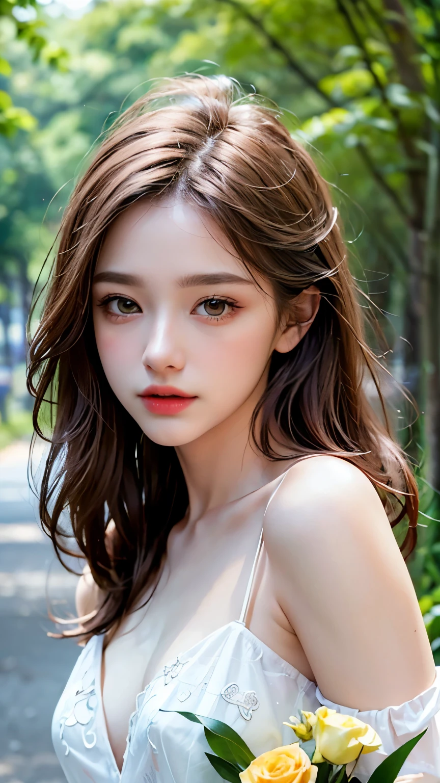She is wearing a detailed, high-definition, voluminous wedding dress., highest quality, masterpiece, Ultra-high resolution, (Realistic:1.4), RAW Photos, One Girl, Off the shoulder, Forest wedding venue, Deep Shadow, Moderate, short hair, roadside, 20-year-old,Cute Face, Small breasts, Tight shirt,(head shot:1.5), Holding a bouquet