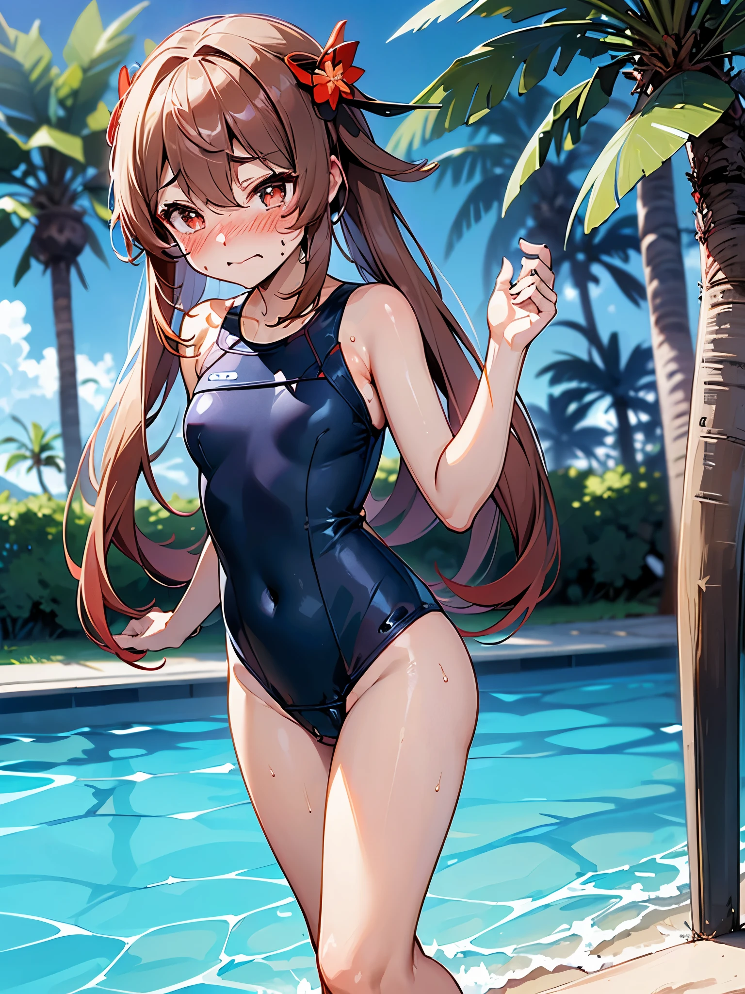 NSFW,hutao\(genshin\),(Micro Swimsuit:1.8),(Perfect hands),(Perfect Anatomy),(masterpiece),(highest quality),(Embarrassed:1.5),blush,Feeling embarrassed,Lift your butt,Leg spread,Sandy Beach,Palm tree,Rock Shade,One man,Man standing behind