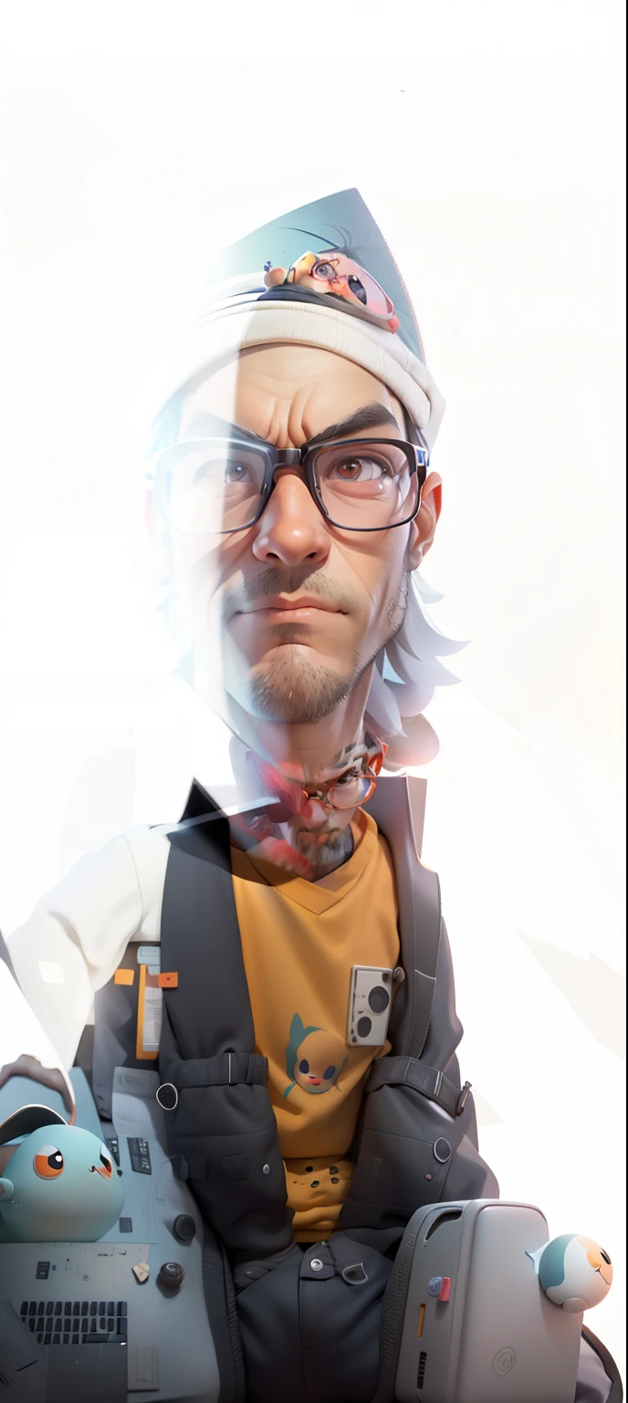A young man with glasses is sitting at his desk,segurando laptop,pintura digital,Design de personagens 3D por Mark Clairen e Pixar e Hayao Miyazaki e Akira Toriyama,4K HD illustration,Very detailed facial features and cartoon-style visuals。