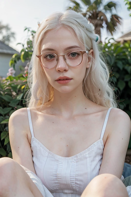 1 woman, Eyeglasses, she dress a clothe, (albino:1.4)woman of Slavic descent.(short:1.1), long white hair, gray eyes, ((very pale:1.4)), summer haze, muted colors, muted warm colors, photographic cinematic portrait of a woman dressed in a striped dress sitting by the garden early in the morning, cinematic, (tilted: 1.3) (in a garden) cautious look, of foot under a spotlight, volumetric dust clouds, key light, backlight, soft natural lighting, photography Film grain ISO 400 30mm lens RAW Aperture f1.8, very detailed (analog photography:1), hdr colors