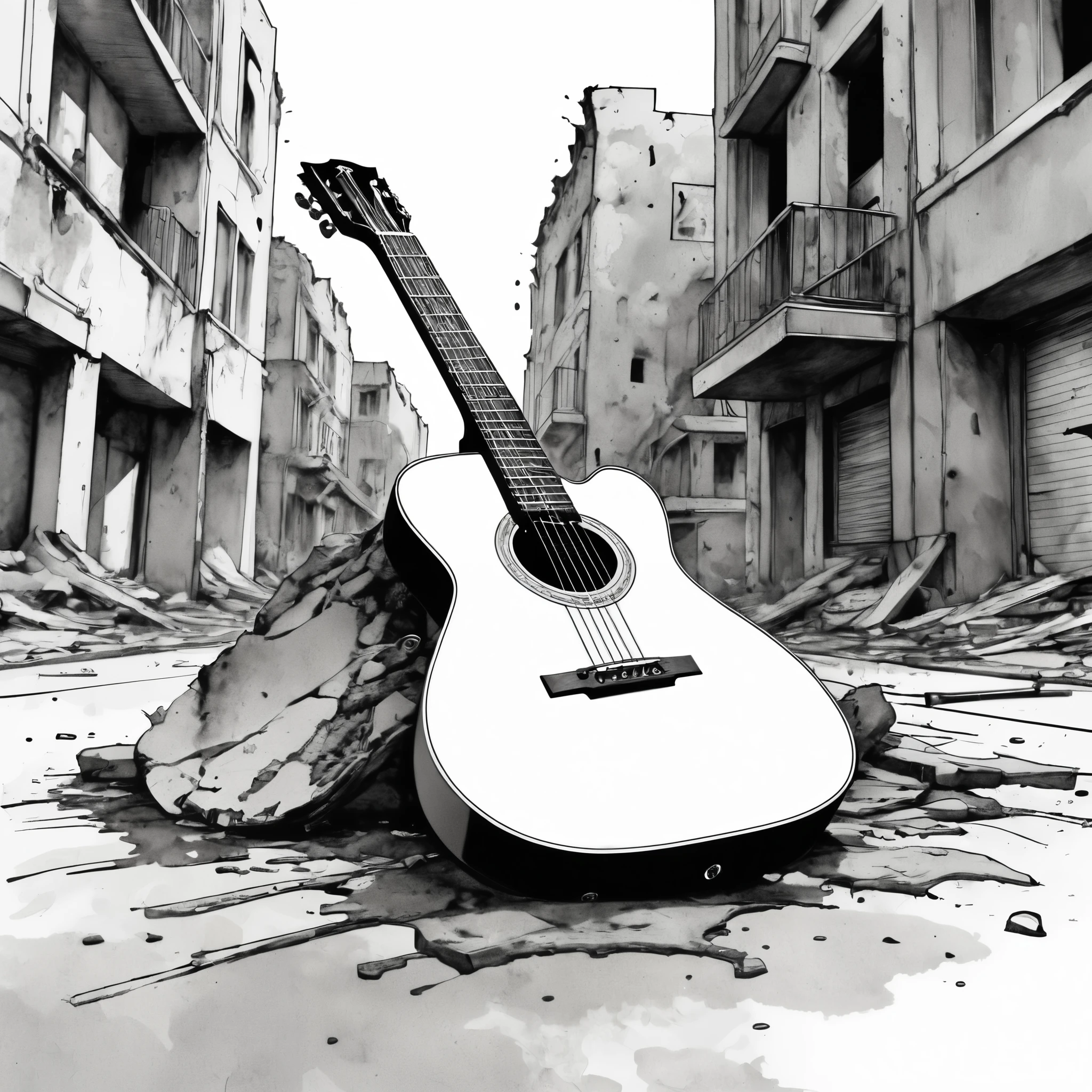 a guitar sitting on the ground in the middle of street ruins, ink,Exaggerated expression,ink splash,line outline,ink stain,ink stain