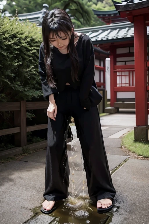 Japanese Girl sees the ghost and pees her black palazzo pants until her pants are wet in fright.
