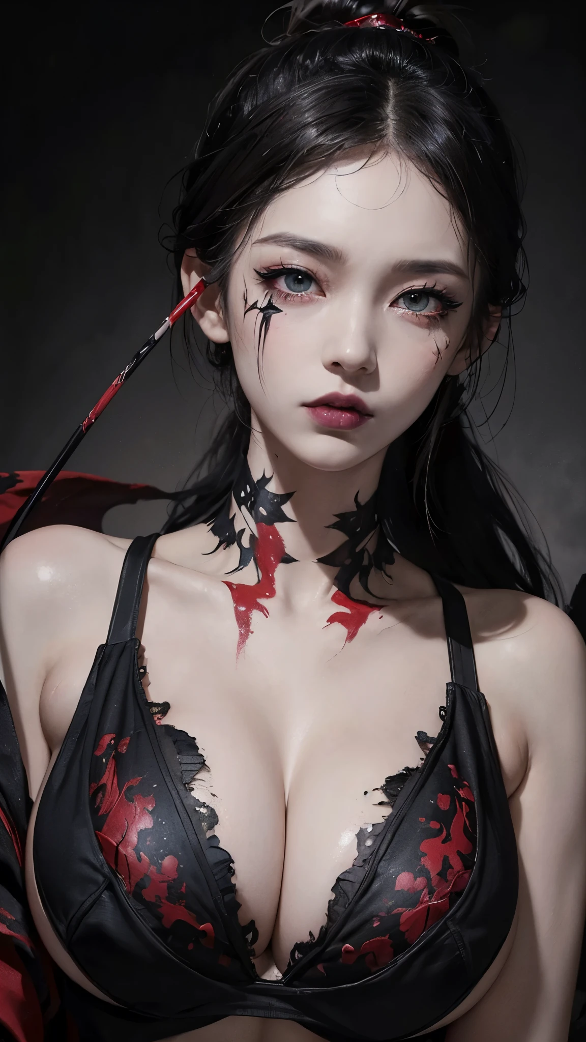 ((top quality, 8 thousand, masterpiece:1.3)) Korean woman, disorderly,receive the light,(black ponytail), dark eyeshadow, black lipstick, Gothic makeup, (Smudged makeup: 1.3), beautiful and delicate hair,delicate red pupils, (huge tits: 1.7) , In a dark cave, Red tattoo, very pale skin, Smudged makeup, indifferent expression, red circle lenses, goth style clothes, monochrome, (smeared eye line: 1.6)