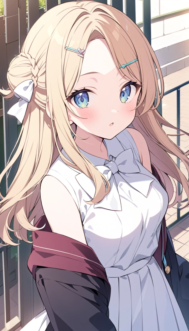 Noka Sasahara，Blonde Hair，Parted bangs，Hairpin，White bow，French Braid，Half bun，Medium breast，School gate background