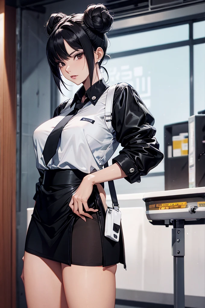 Wearing a black dress and sitting on a chair, Korean female fashion model, Transparent grey skirt, mesh shirt, Chrome Clothing, Glossy silver, It&#39;s lucky that, Big Breasts, Highest quality, masterpiece, Ultra-high resolution, Realistic,