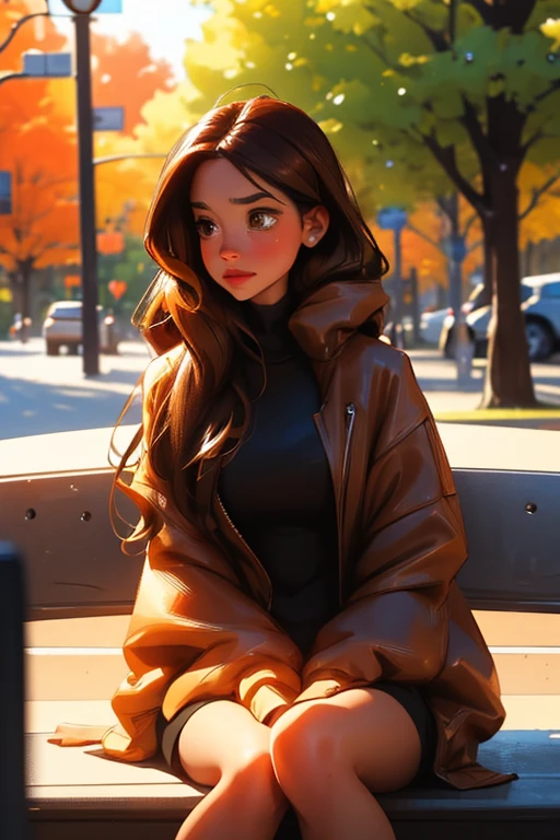 A brown haired woman with copper eyes and an hourglass figure in a sweatshirt dress is sitting in park with tears in her eyes