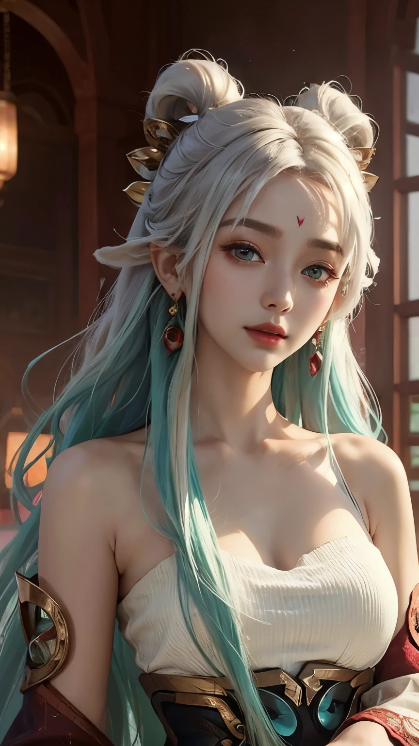 (masterpiece, best quality:1.2), intricate details, mythmaker irelia, 1girl, hair ornament, hair rings, bare shoulders, dress, detached sleeves, forehead mark, multicolored hair, white hair, earrings, green eyes, textured skin, looking at viewer, solo, light smile, (mature female:1.2),sexy pose