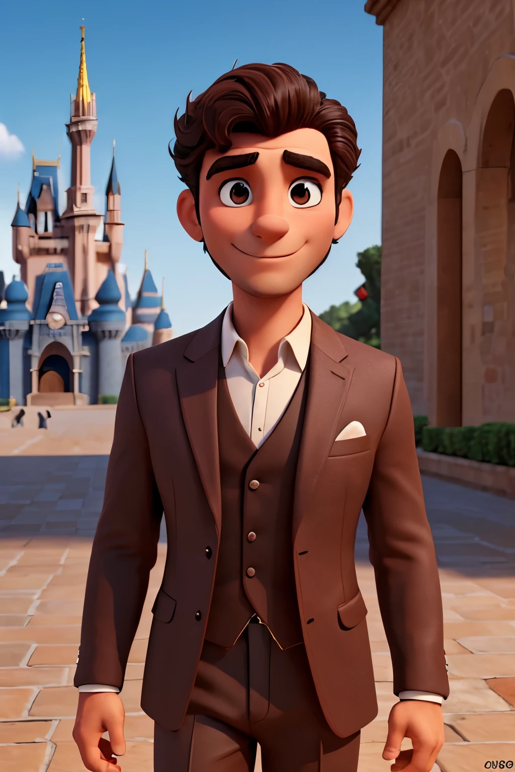 Italian man, 30yo, dark brown bear and hair, short hair, muscular, in a dark suit, disney prince, outside the castle