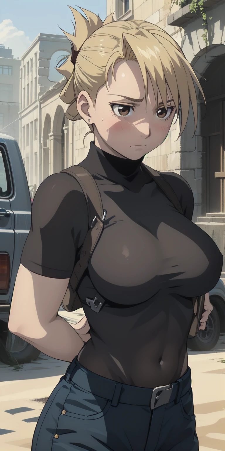 masterpiece, highest quality, High resolution, One girl, Hamriz, ponytail, Brown eyes,Big Breasts, Black Shirt, Tight shirt, holster, Short sleeve, belt, Covered navel, Blue pants,City in Ruins、Outdoor、Sand smoke、Upper body close-up、Muscular body、blush、Sweat、Composition from the front、anime、Hide your arms behind your back、(((blush、Surprise mark、Large areola、look up、Embarrassed face)))