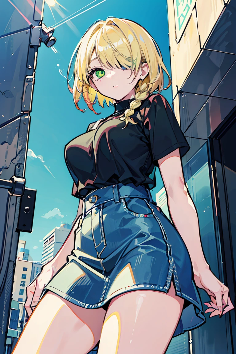 (1 girl), (((One eye is hidden by hair))),squat, Lots of silver accessories, Big Tits 1.3 ,skirt,PantiesCool Fashion , ((Angle from below)), Cowboy Shot, Punk Fashion,(super high quality), masterpiece, cute, Casual Scene, Relaxed atmosphere, She is wearing fashionable clothes, beautiful表情 , Warm sunshine, Street atmosphere, urban environment. Perfect body,Fresh, (Asymmetrical bangs:1.3), Braided hair, Highly detailed face and eyes, (Blonde Hair, Gradient light green eyes:1.2),(Shining highlight eye), Digital Art, beautiful, Cinema Lighting, by Yusuke Murata.tonality, Romanticism, modern art, Impressionism, reflected light, 8k, masterpiece, Advanced Details, highest quality