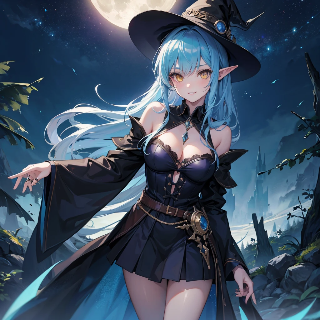 A sexy girl half-elf wizard, Dark wizard robe, dark wizard hat, yellow eyes, bright blue hair colour, Full moon and dark forest in background,8k, masterpiece, best quality, highly detailed, one girl, half-elf, solo, long straight hair, wearing necklace, gorgeous, friendly, smile,sexy, close ups view, wearing rings, looking at straight, alone, looking moon,