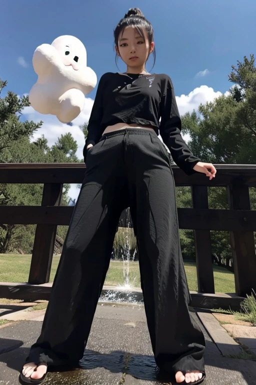 Japanese Girl sees the ghost and pees her black palazzo pants until her pants are wet in fright.