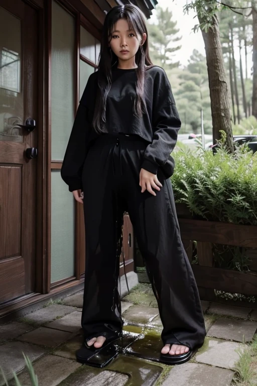 Japanese Girl sees the ghost and pees her black palazzo pants until her pants are wet in fright.