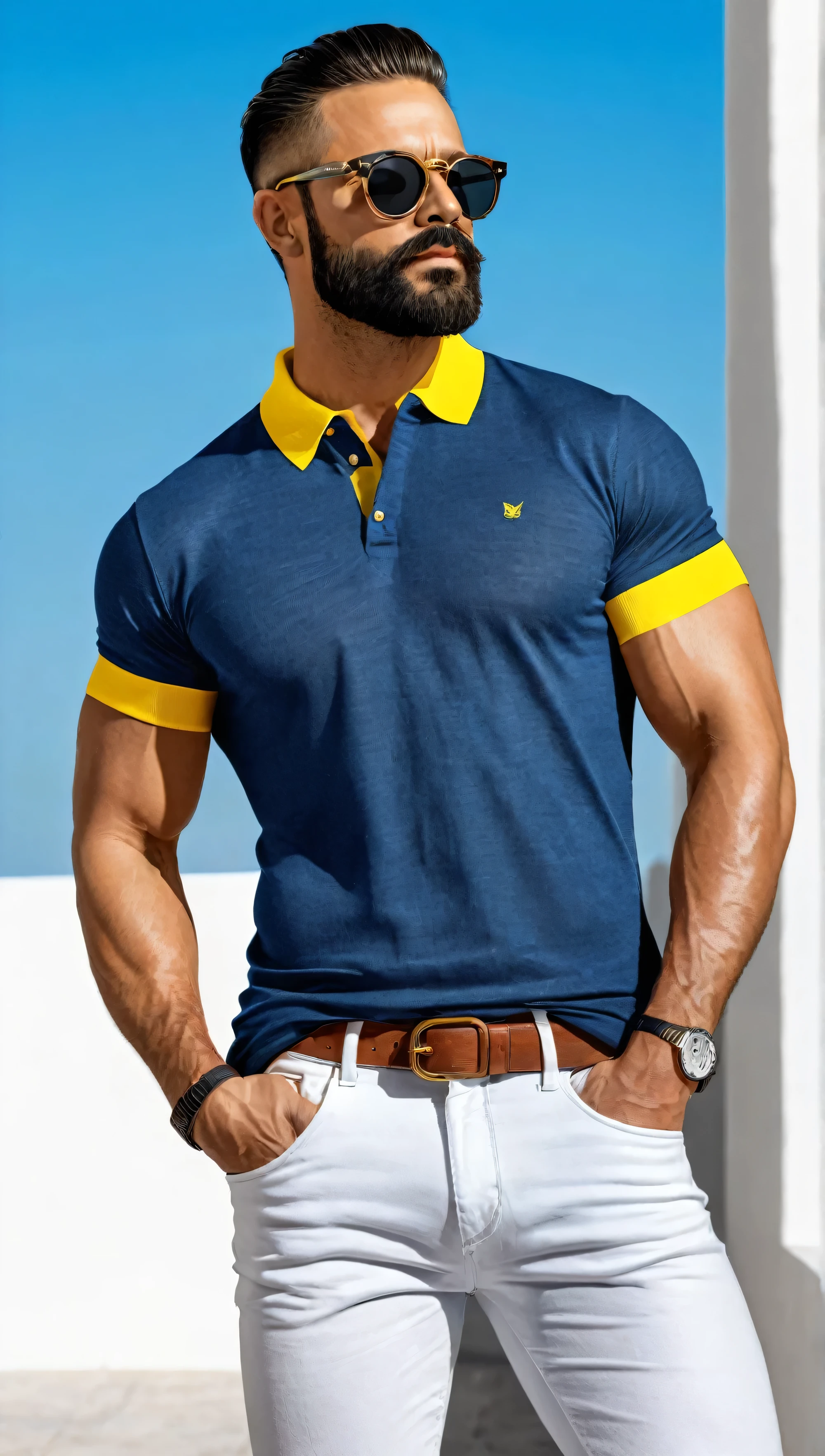 Hombre guapo musculoso barba lentes de sol, piernas fuertes y musculosas, gran bulto, obra de arte, super sexy en jeans y camisa polo amarilla con franjas blancas 8k obra maestra ultra realista gran detalle al lado de una fuente super musculoso