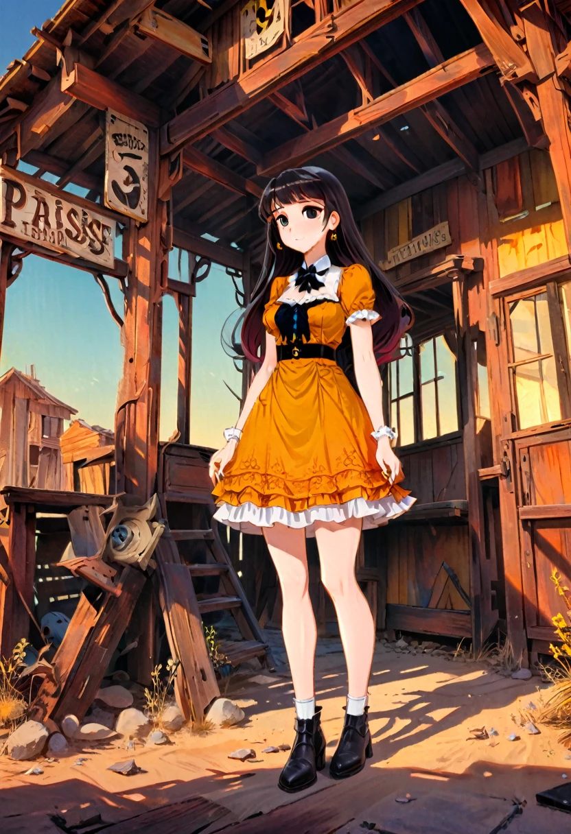 90s Cartoons, Parisienne dress,feminine pose,well-lit wooden structure,abandoned Wild West ghost town,late afternoon,colorful red orange yellow light,very emotional camera angle, (masterpiece, best quality, Professional, perfect composition, very aesthetic, absurdres, ultra-detailed, intricate details:1.3)