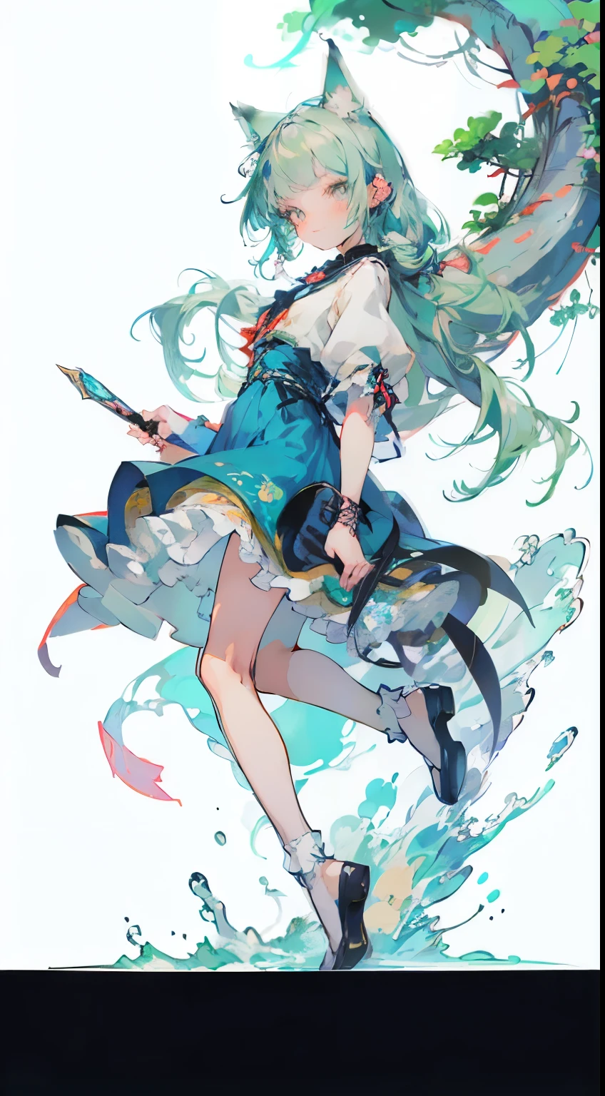 ((Tabletop, highest quality: 1.1), ((Anime girl in a blue dress holding a magic wand)), Art Nouveau、メイド服を着たアニメのCat girl, , ((Green hairs))、Long-haired、((Eyes like shining jewels Long lashes Transparency))、Very Beautiful Anime Cat girl, アニメCat girl, ((White knee-high socks)), 魅力的なCat girl, Inspired by Leiko Ikemura, Takano Aya color style, in ryuuou no oshigoto art style, Cat girl, Favorite character, rei hiroe、With a smile