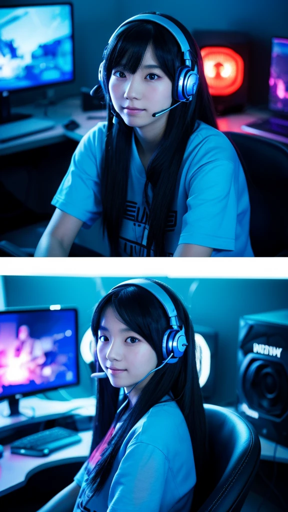 
a beautiful  aged 7 years with long black hair, wearing a gaming headset, wearing gaming clothes, is sitting in front of a computer in her room lit by blue neon lights