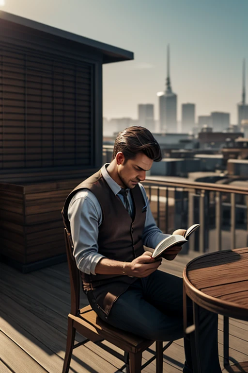 /imagine prompt: Realistic, personality: A lonely man sits at a table on the shop rooftop, with a book in front of him. He appears intrigued as he sips on his coffee while reading. The warm glow of the early morning sun bathes the scene, creating a serene atmosphere. unreal engine, hyper real --q 2 --v 5.2 --ar 16:9