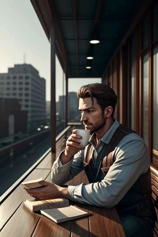 /imagine prompt: Realistic, personality: A lonely man sits at a table on the shop rooftop, with a book in front of him. He appears intrigued as he sips on his coffee while reading. The warm glow of the early morning sun bathes the scene, creating a serene atmosphere. unreal engine, hyper real --q 2 --v 5.2 --ar 16:9