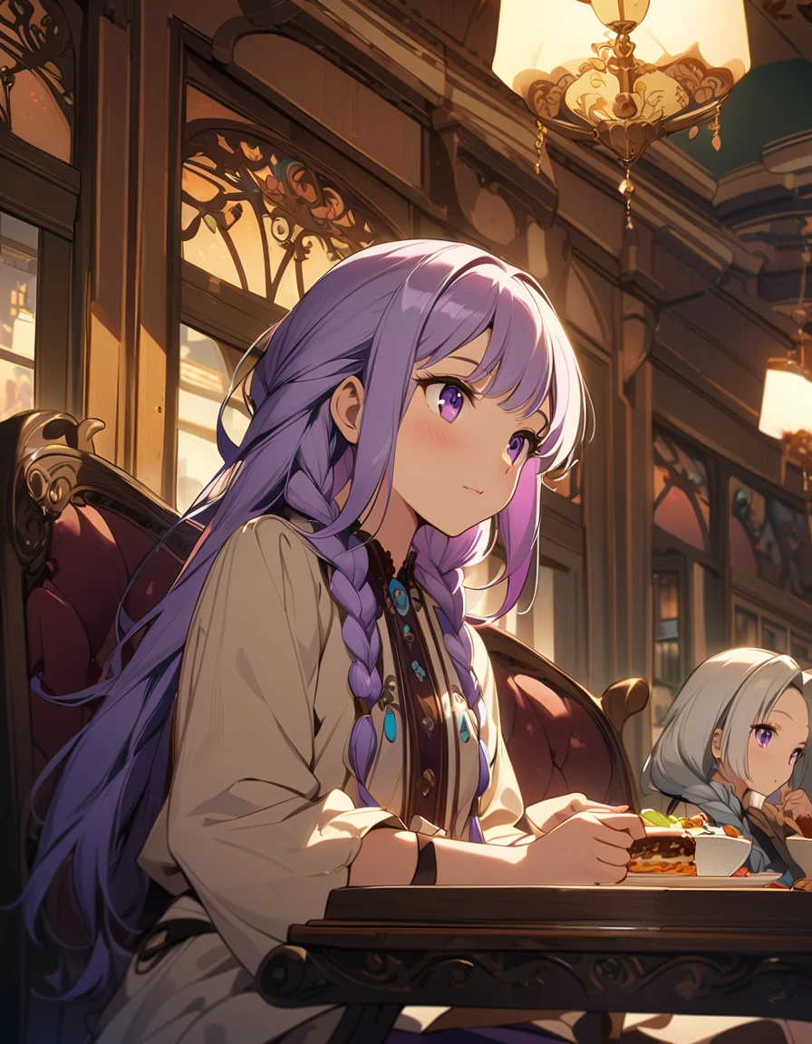 a charming art nouveau style cafe in america, beautifully decorated interior, 2 girls eating lunch, yinji, (purple hair, purple eyes, long hair, white hair, double braids, gradient hair,warm lighting, elegant furniture, best quality, intricate details, dramatic lighting, warm color tones, atmospheric, cinematic