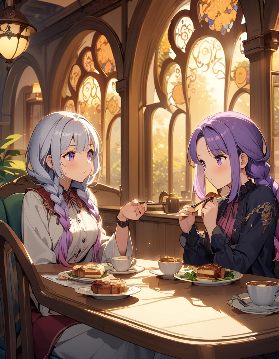 a charming art nouveau style cafe in america, beautifully decorated interior, 2 girls eating lunch, yinji, (purple hair, purple eyes, long hair, white hair, double braids, gradient hair,warm lighting, elegant furniture,  best quality, intricate details, dramatic lighting, warm color tones, atmospheric, cinematic
